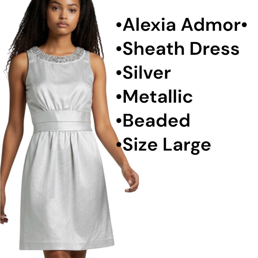 Alexia Admor Silver Metallic Sheath Dress L Beaded Neckline Cocktail Party USA